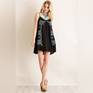 entro Black Teal & Purple Embroidered Tribal Spaghetti Strap A-Line Mini Dress